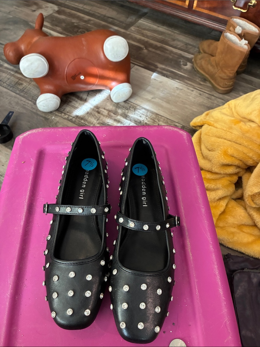 Madden Girl Black Studded Mary Jane Flats with Silver Accents